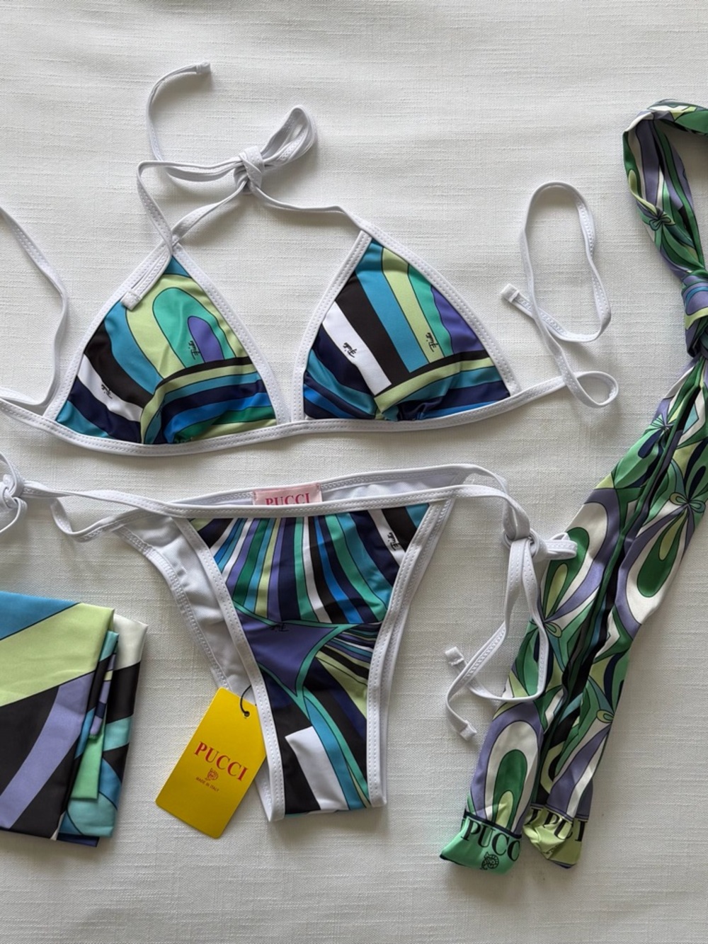 Emilio Pucci Blue Green Purple Striped Triangle Bikini
